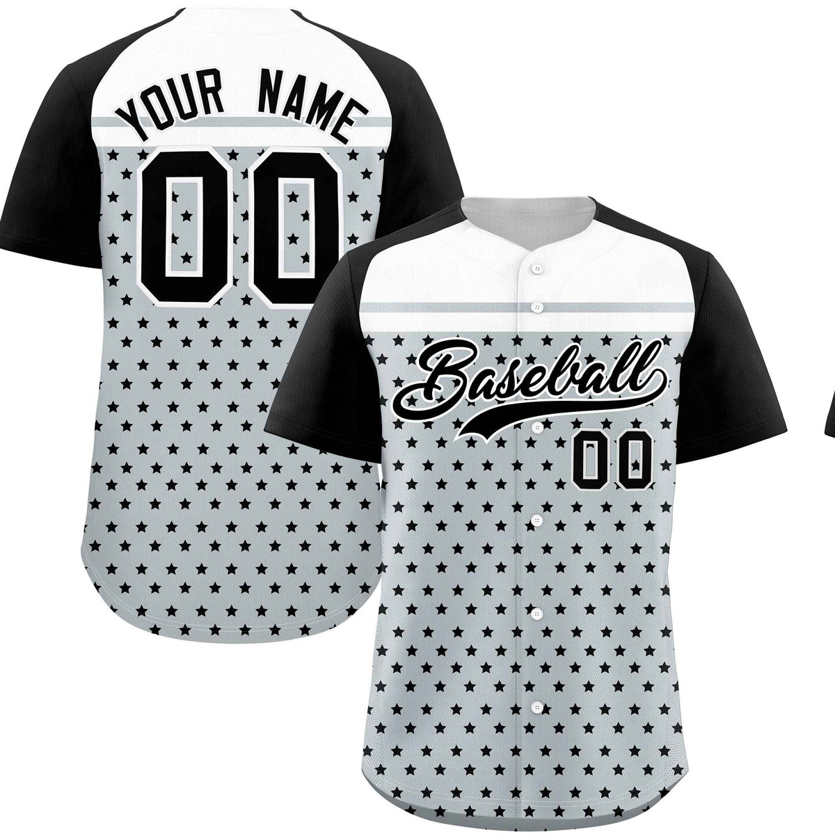 Custom Silver Black-White Raglan Sleeve Personalized Star Print Authentic Baseball Jersey