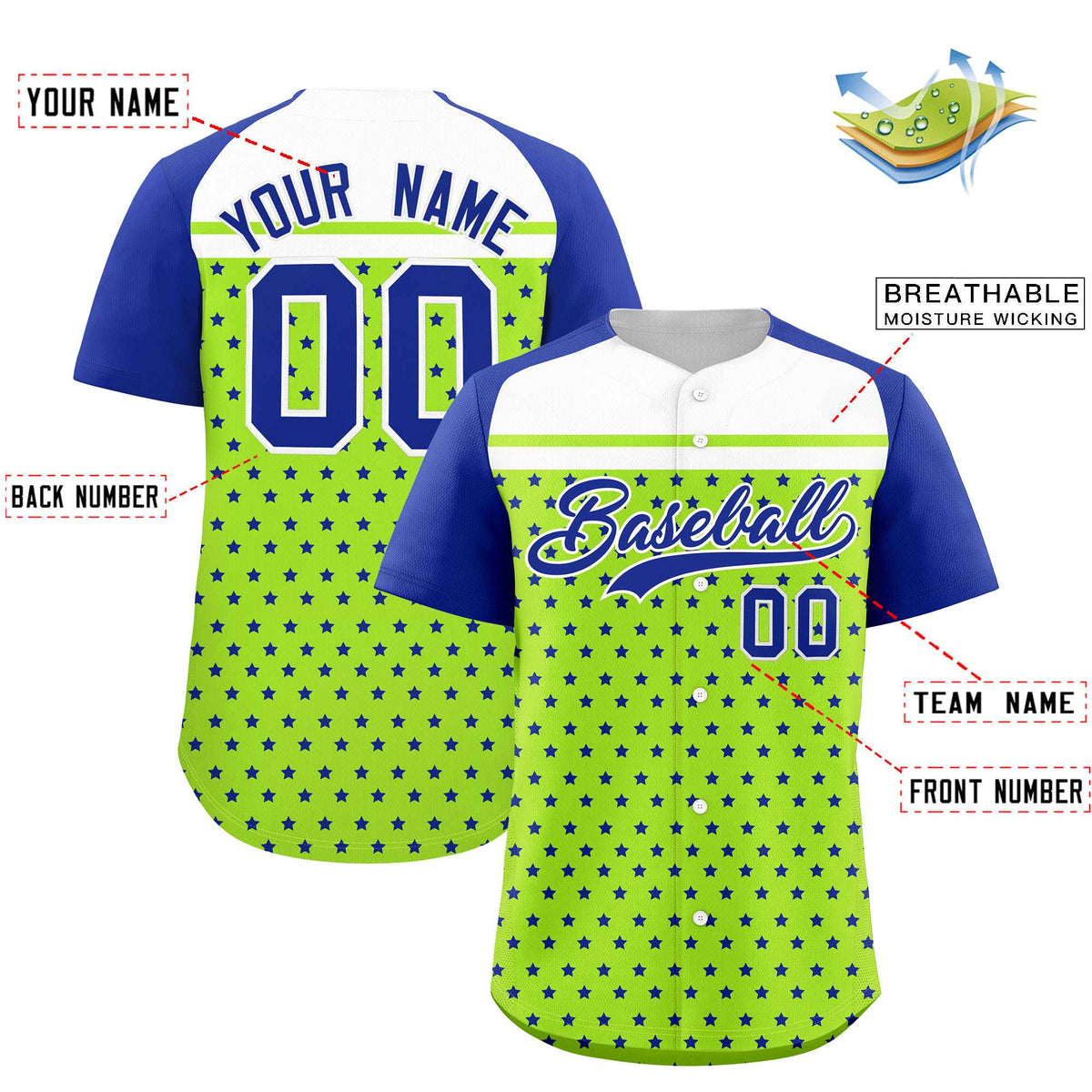Custom Neon Green Royal-White Raglan Sleeve Personalized Star Print Authentic Baseball Jersey