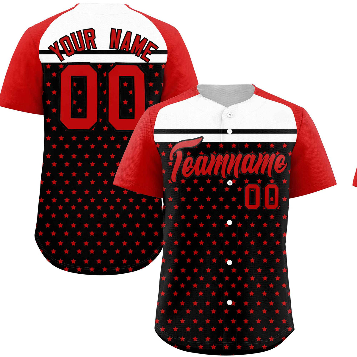 Custom Black Red-White Raglan Sleeve Personalized Star Print Authentic Baseball Jersey