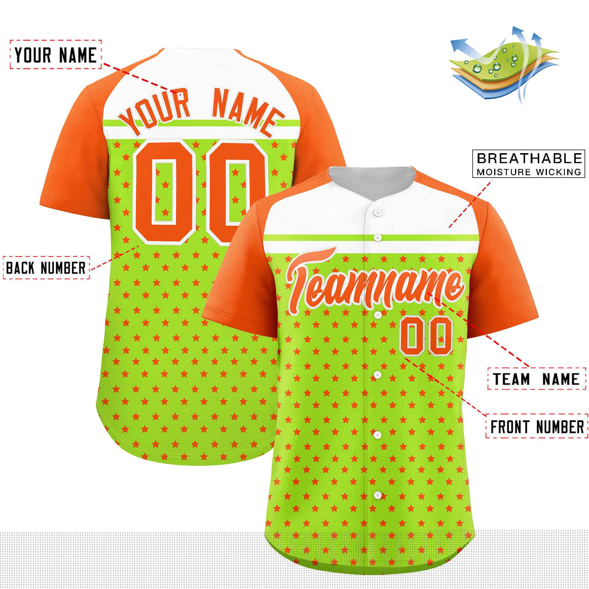 Custom Neon Green Orange-White Raglan Sleeve Personalized Star Print Authentic Baseball Jersey