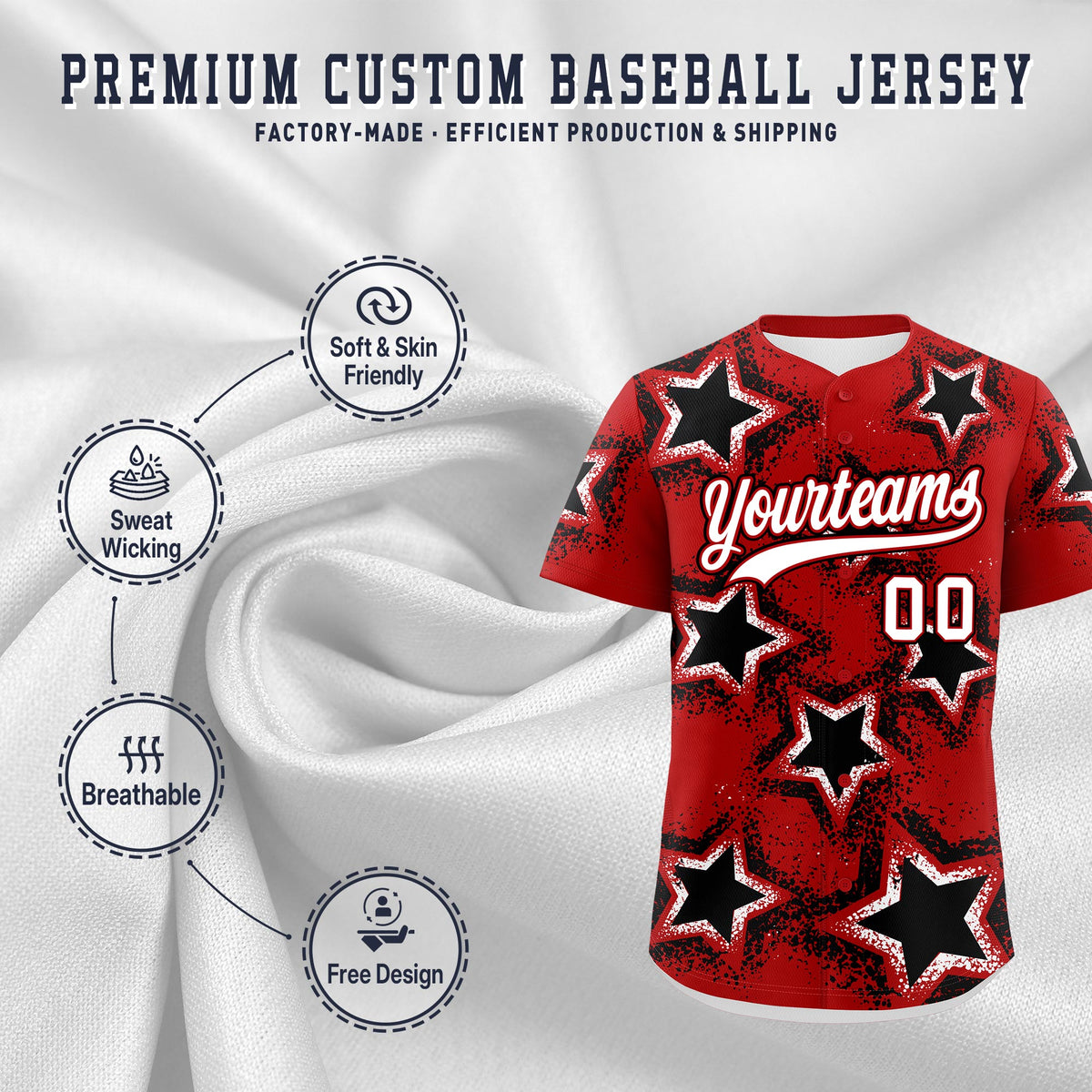 Custom Red Black White Star Graffiti Team Baseball Jerseys With Custom Names, Numbers & Logos Lightweight Baseball Jersey| KXKSHOP