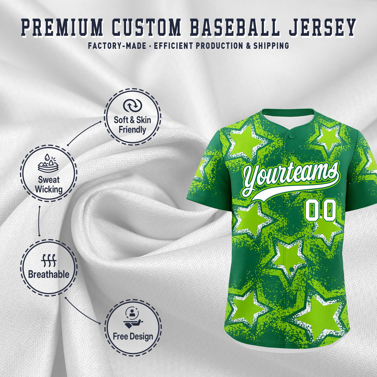 Custom Kelly Green Neon Green White Star Graffiti Team Baseball Jerseys With Custom Names, Numbers &amp; Logos Stretch Fabric Baseball Jersey| KXKSHOP