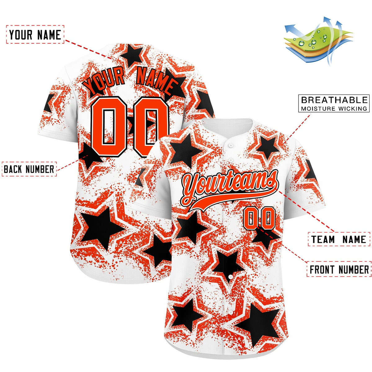Custom White Black Orange Star Graffiti Team Baseball Jerseys With Custom Names, Numbers & Logos Lightweight Baseball Jersey| KXKSHOP