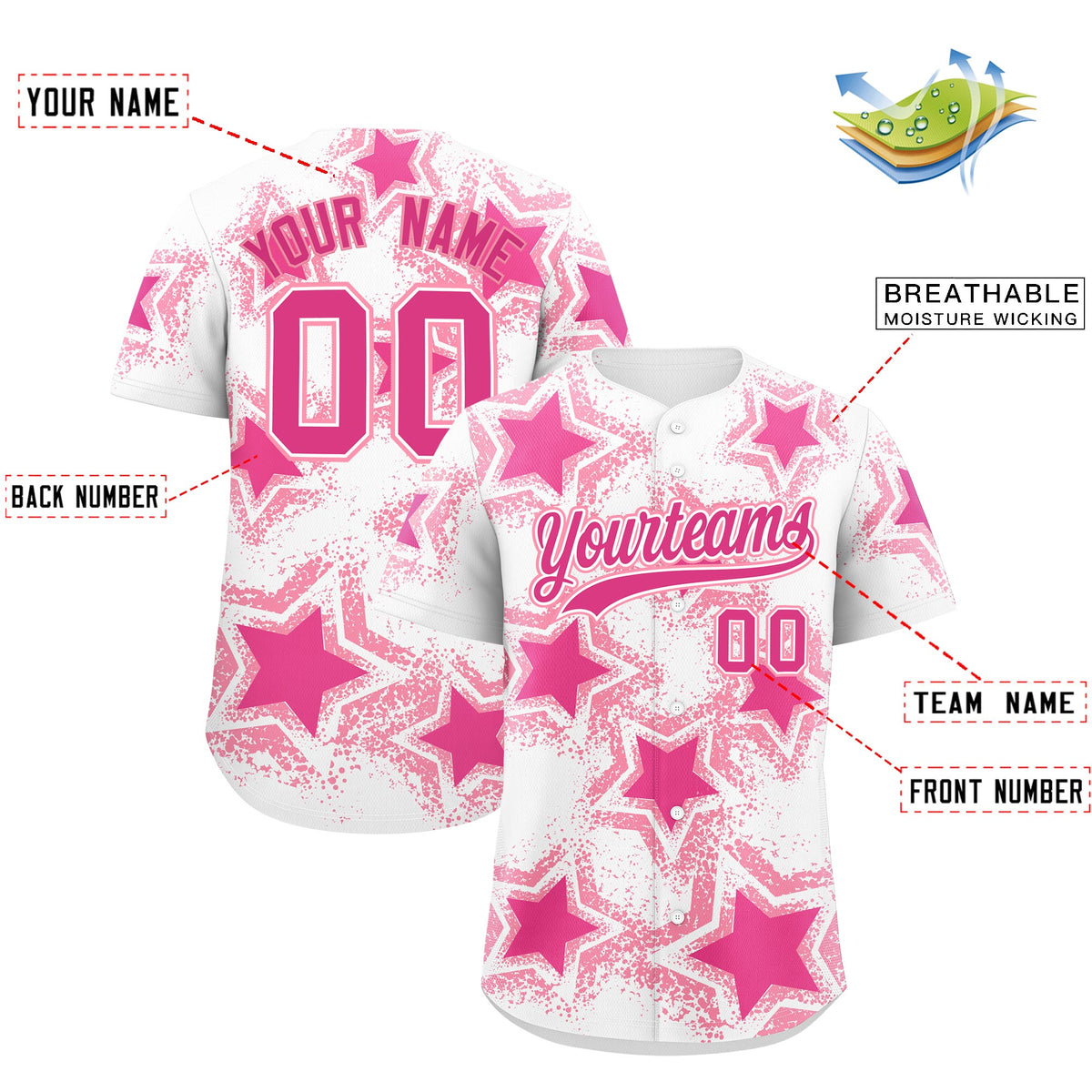 Custom White Pink Light Pink Star Graffiti Team Baseball Jerseys With Custom Names, Numbers &amp; Logos Stretch Fabric Baseball Jersey| KXKSHOP