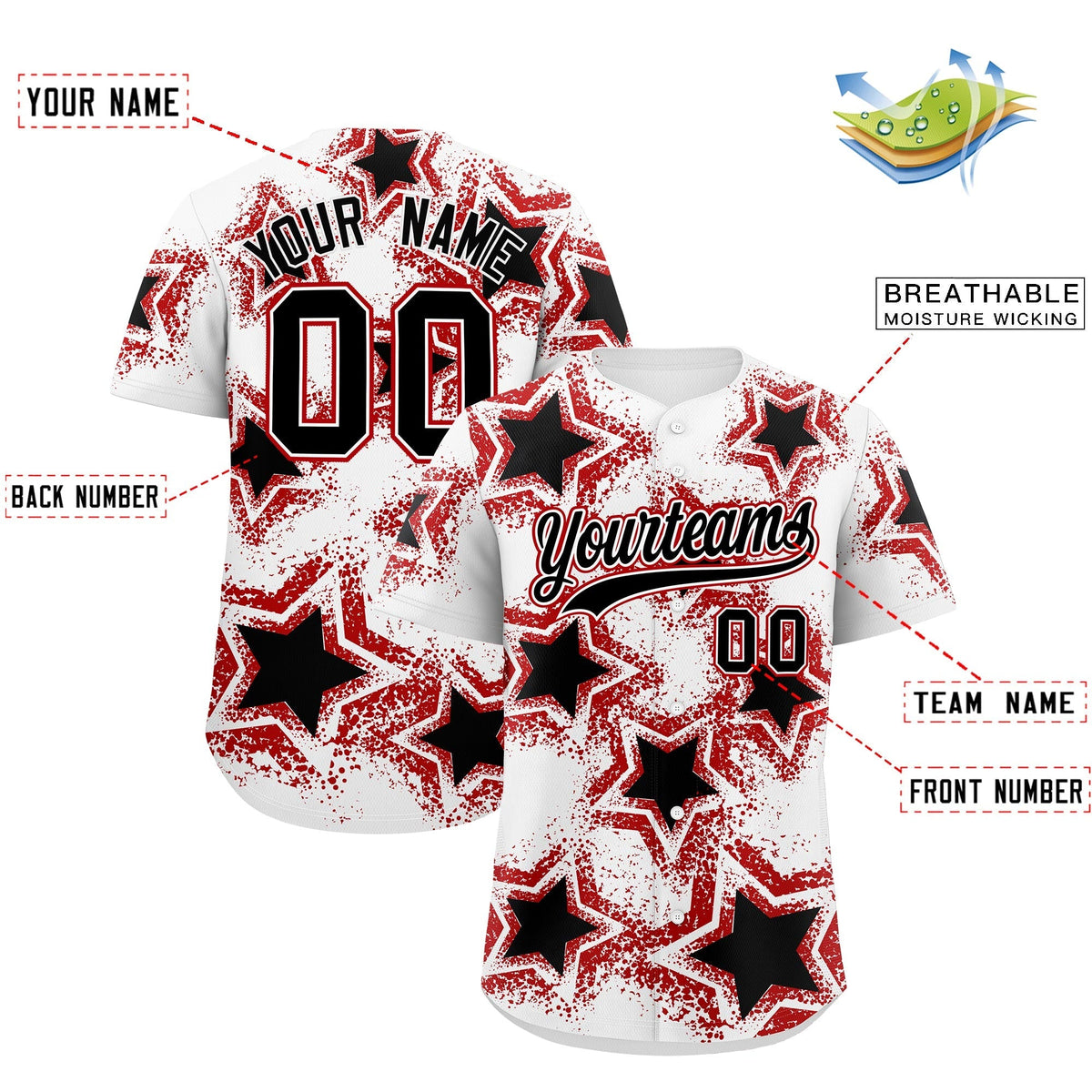 Custom White Black Red Star Graffiti Team Baseball Jerseys With Custom Names, Numbers & Logos Stretch Fabric Baseball Jersey| KXKSHOP