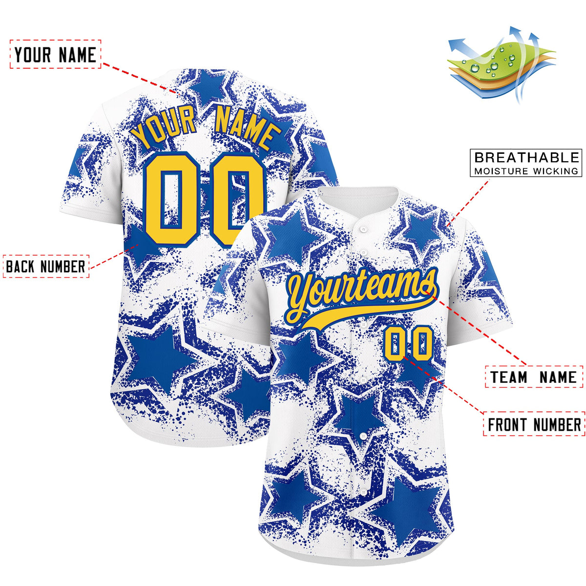 Custom White Royal Blue Royal Star Graffiti Team Baseball Jerseys With Custom Names, Numbers & Logos Stretch Fabric Baseball Jersey| KXKSHOP
