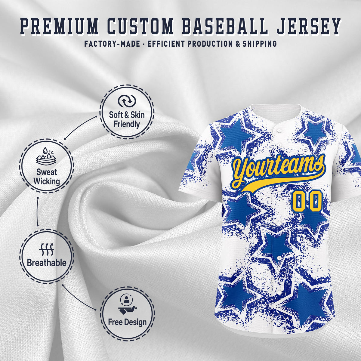 Custom White Royal Blue Royal Star Graffiti Team Baseball Jerseys With Custom Names, Numbers & Logos Stretch Fabric Baseball Jersey| KXKSHOP
