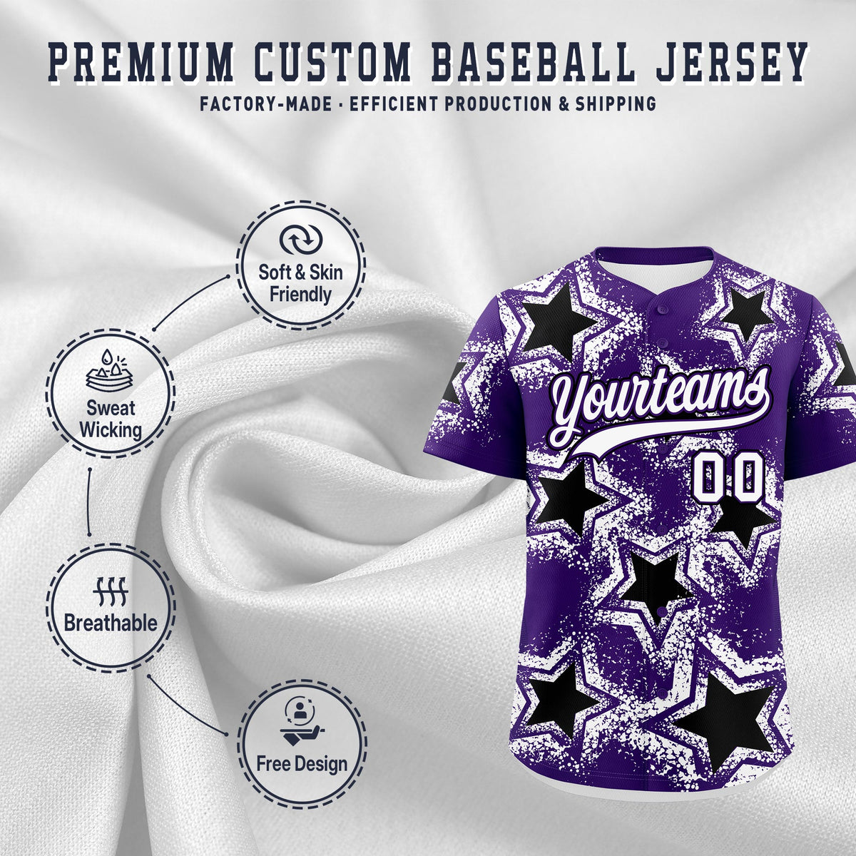 Custom Purple White Black Star Graffiti Team Baseball Jerseys With Custom Names, Numbers & Logos Lightweight Baseball Jersey| KXKSHOP