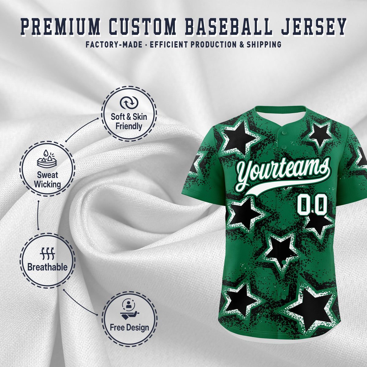 Custom Kelly Green White Black Star Graffiti Team Baseball Jerseys With Custom Names, Numbers & Logos Stretch Fabric Baseball Jersey| KXKSHOP