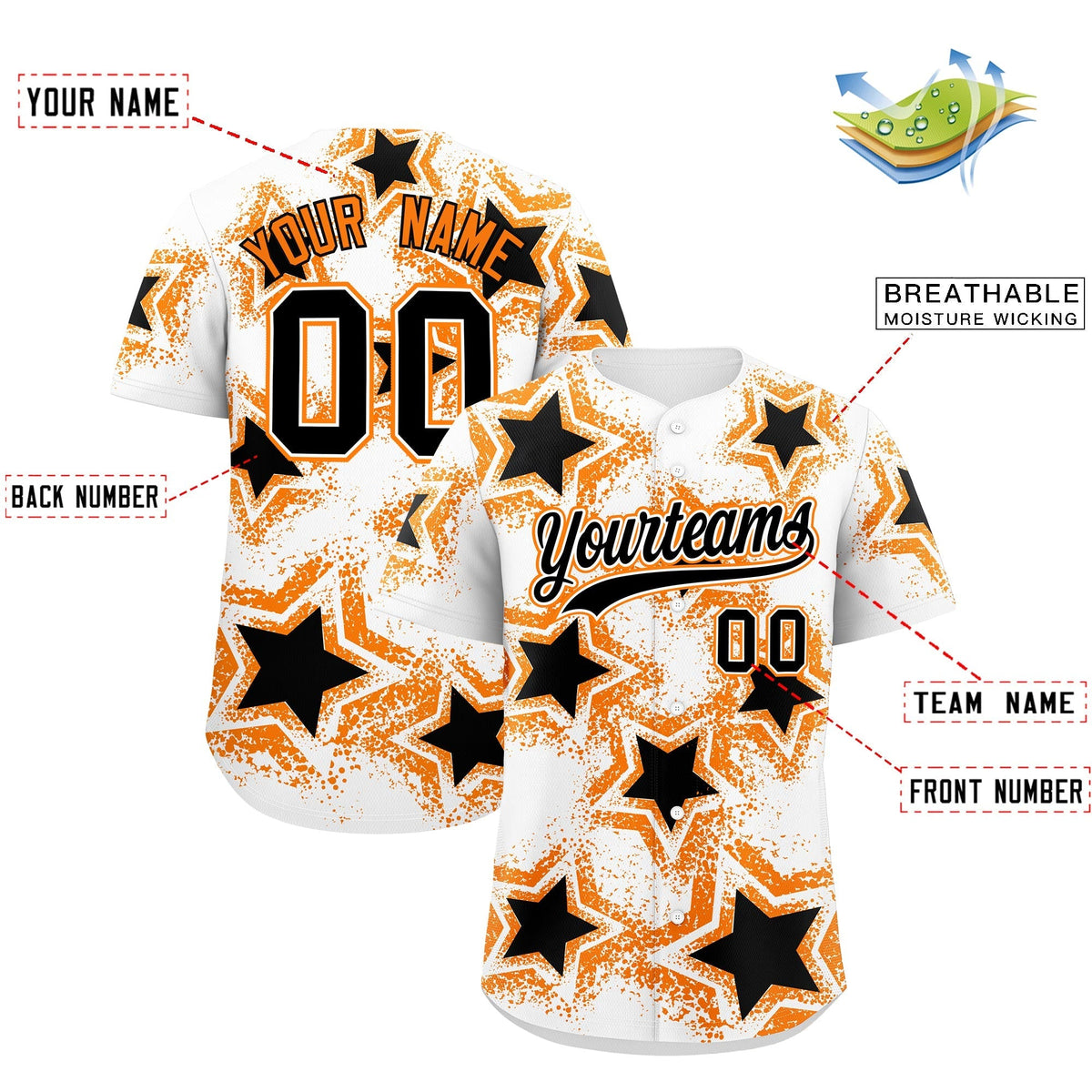 Custom White Orange Black Star Graffiti Team Baseball Jerseys With Custom Names, Numbers & Logos Lightweight Baseball Jersey| KXKSHOP