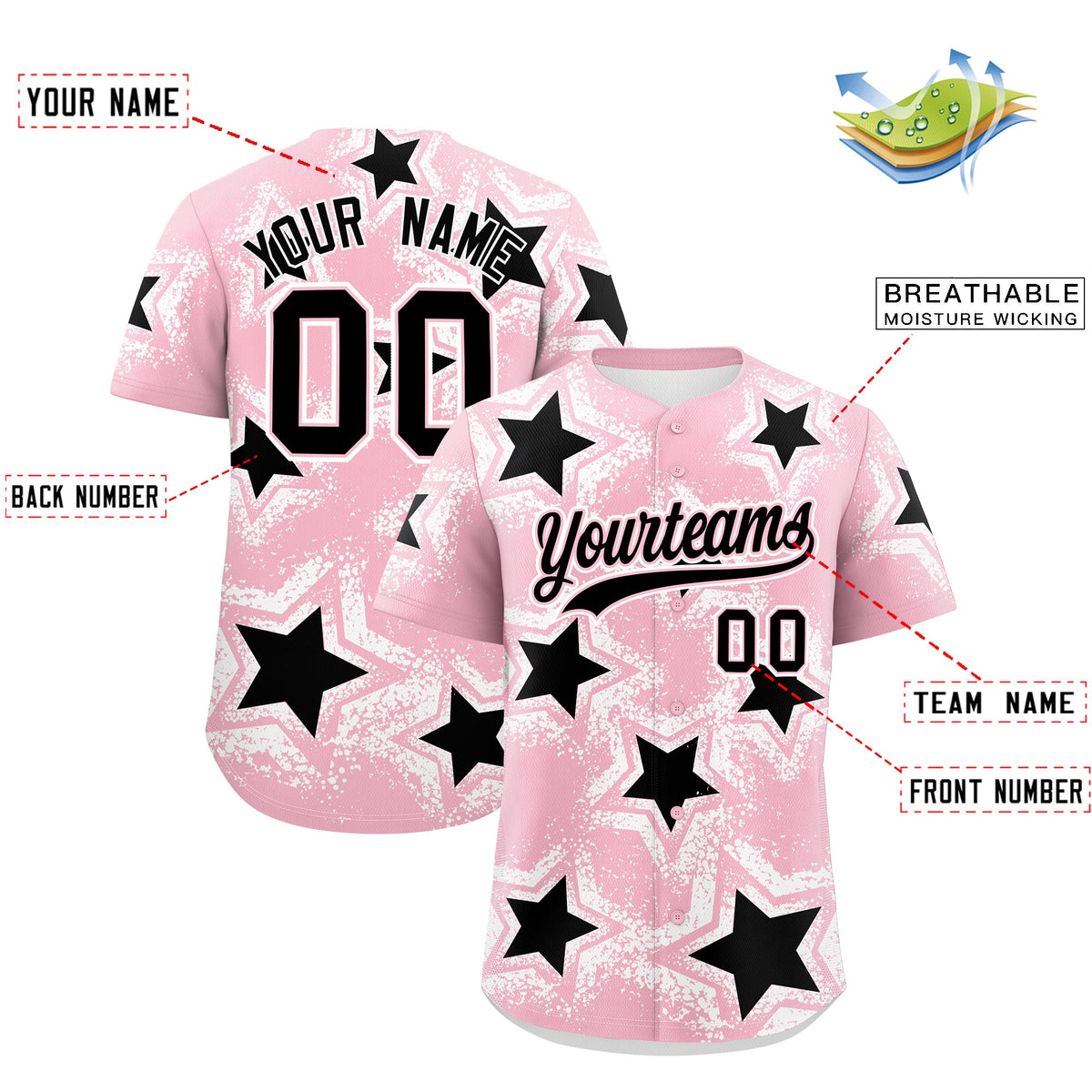 Custom Light Pink White Black Star Graffiti Team Baseball Jerseys With Custom Names, Numbers & Logos Stretch Fabric Baseball Jersey| KXKSHOP