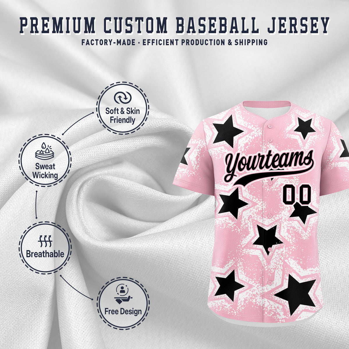 Custom Light Pink White Black Star Graffiti Team Baseball Jerseys With Custom Names, Numbers & Logos Stretch Fabric Baseball Jersey| KXKSHOP
