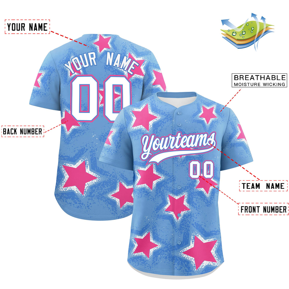 Custom Light Blue Powder Blue White Star Graffiti Team Baseball Jerseys With Custom Names, Numbers & Logos Lightweight Baseball Jersey| KXKSHOP