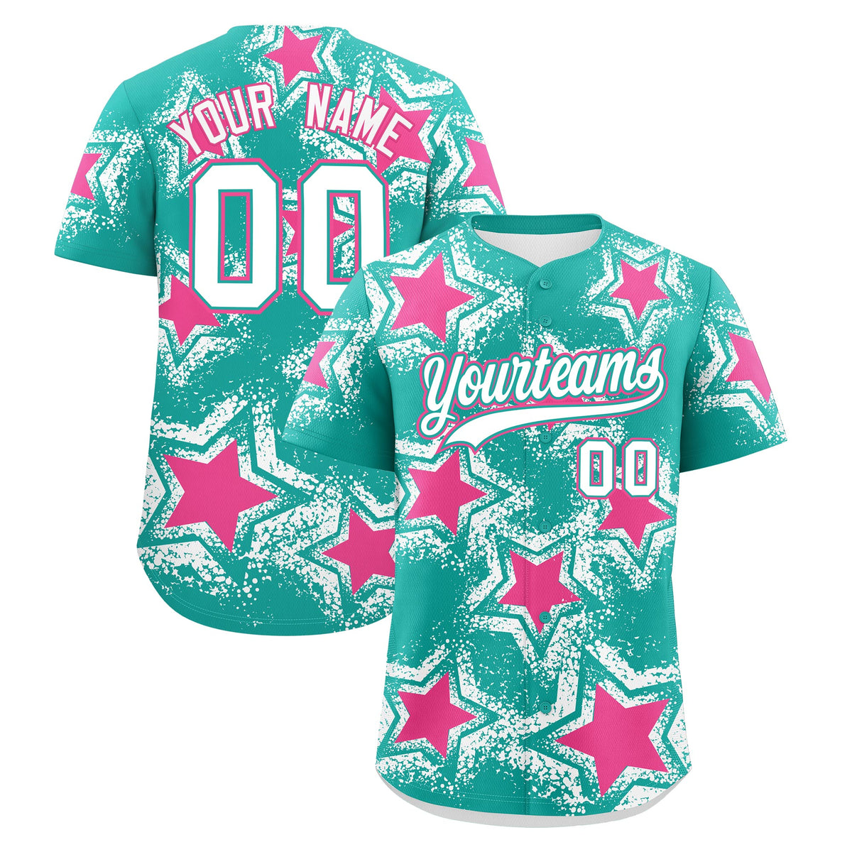 Custom Aqua White Pink Star Graffiti Team Baseball Jerseys With Custom Names, Numbers & Logos Stretch Fabric Baseball Jersey| KXKSHOP