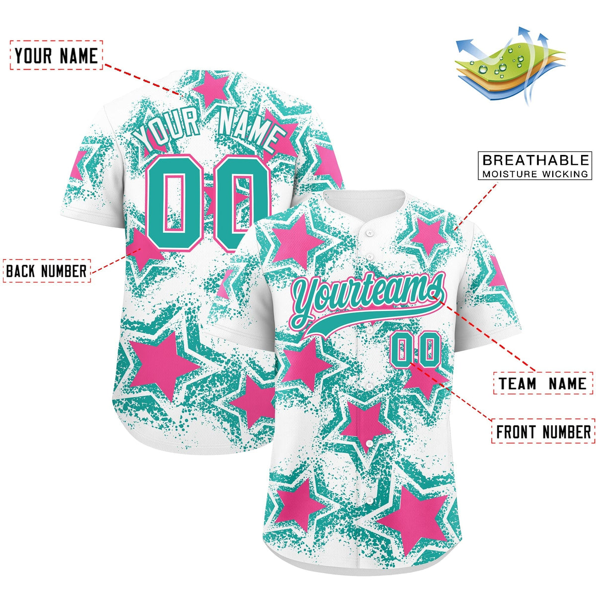 Custom White Aqua Pink Star Graffiti Team Baseball Jerseys With Custom Names, Numbers & Logos Stretch Fabric Baseball Jersey| KXKSHOP