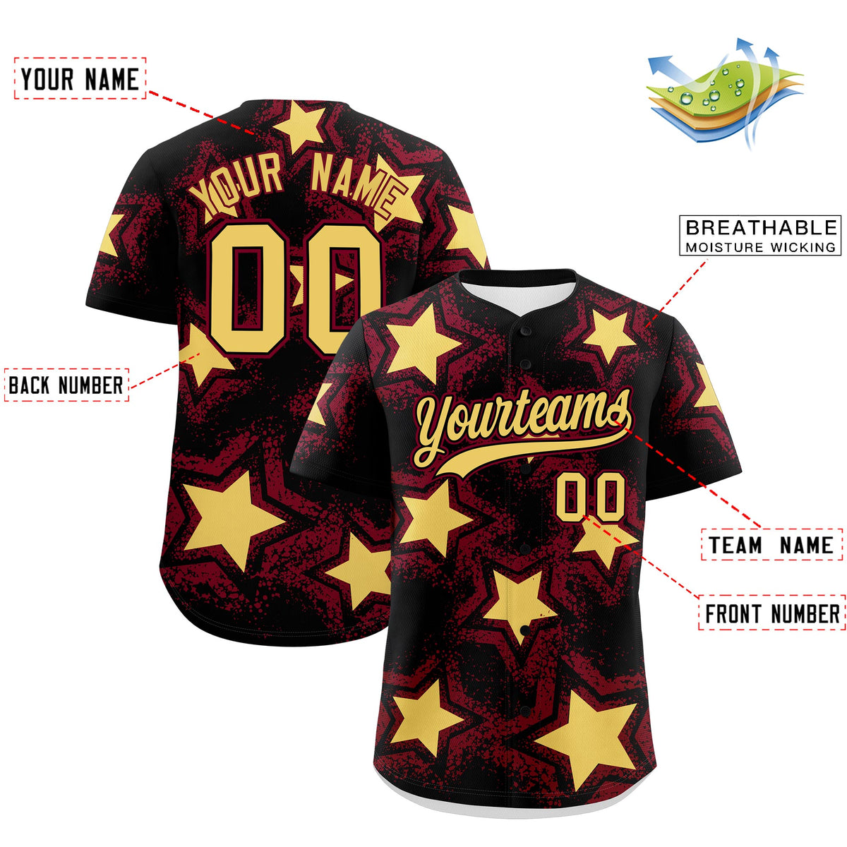 Custom Black Crimson Khaki Star Graffiti Team Baseball Jerseys With Custom Names, Numbers &amp; Logos Lightweight Baseball Jersey| KXKSHOP