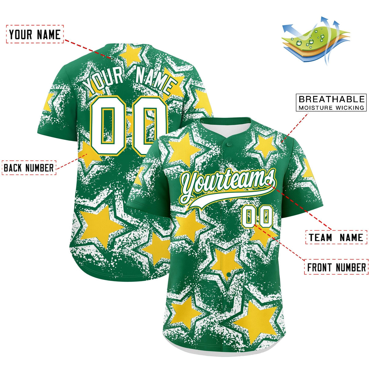Custom Kelly Green White Gold Star Graffiti Team Baseball Jerseys With Custom Names, Numbers & Logos Stretch Fabric Baseball Jersey| KXKSHOP