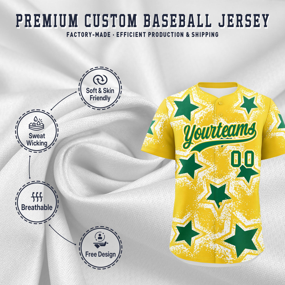 Custom Gold White Kelly Green Star Graffiti Team Baseball Jerseys With Custom Names, Numbers &amp; Logos Lightweight Baseball Jersey| KXKSHOP