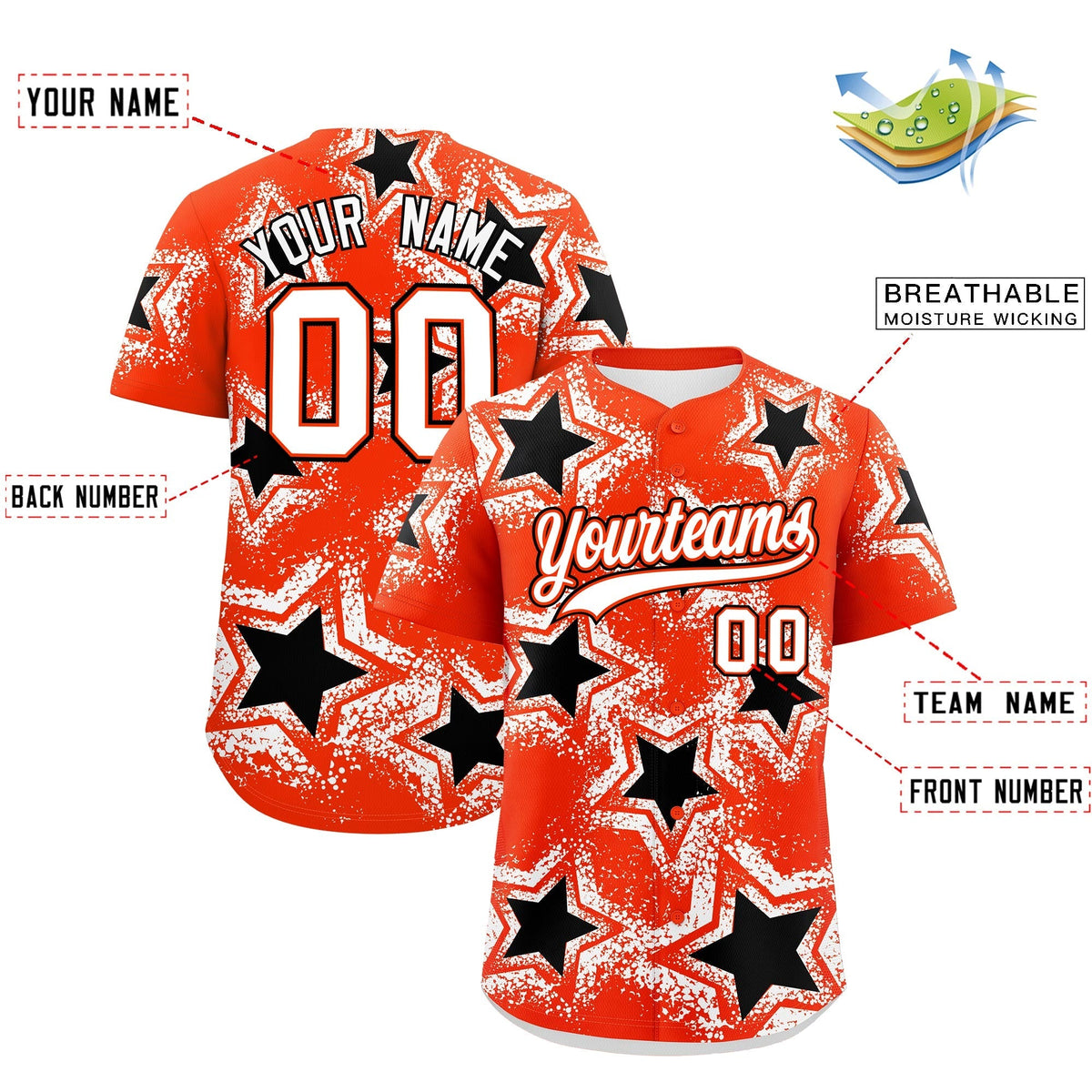 Custom Orange White Black Star Graffiti Team Baseball Jerseys With Custom Names, Numbers &amp; Logos Stretch Fabric Baseball Jersey| KXKSHOP
