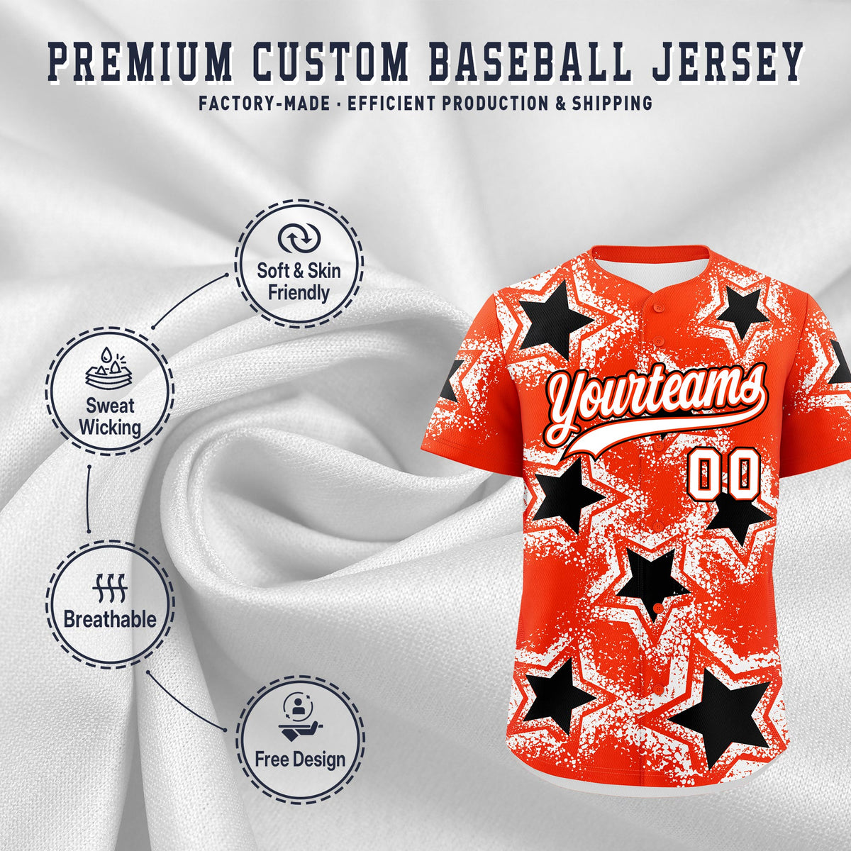 Custom Orange White Black Star Graffiti Team Baseball Jerseys With Custom Names, Numbers & Logos Stretch Fabric Baseball Jersey| KXKSHOP