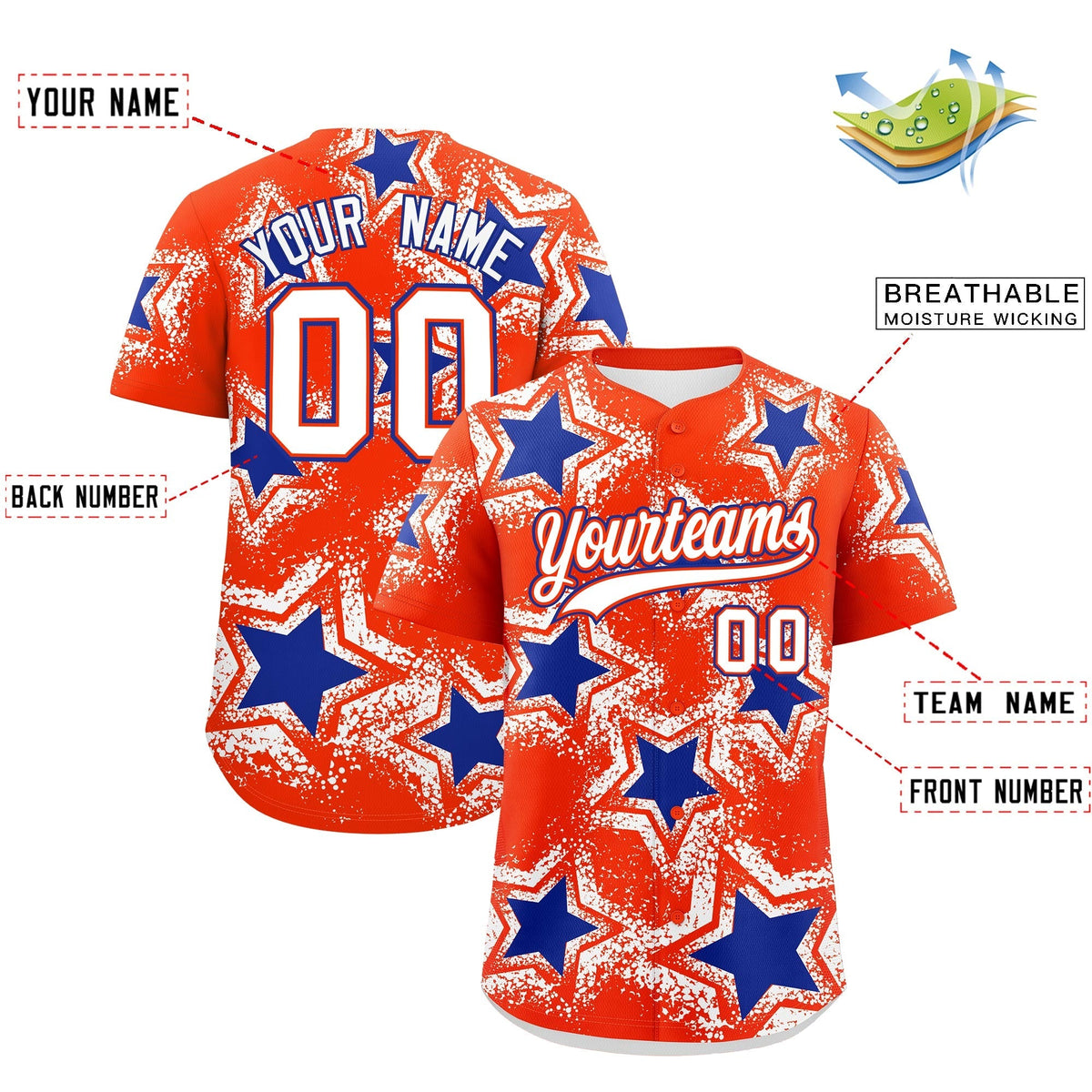 Custom Orange White Royal Blue Star Graffiti Team Baseball Jerseys With Custom Names, Numbers &amp; Logos Lightweight Baseball Jersey| KXKSHOP