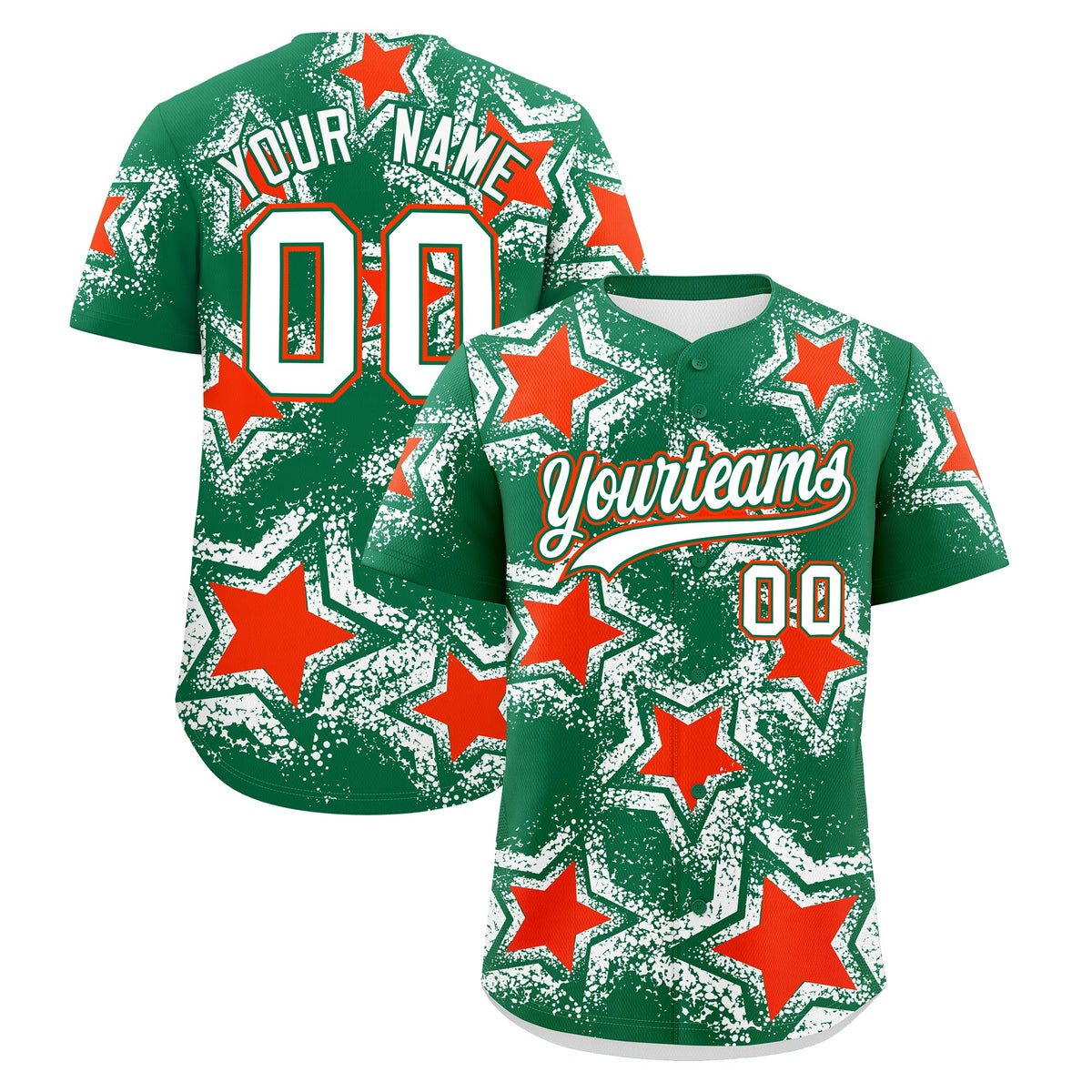 Custom Kelly Green White Orange Star Graffiti Team Baseball Jerseys With Custom Names, Numbers & Logos Stretch Fabric Baseball Jersey| KXKSHOP