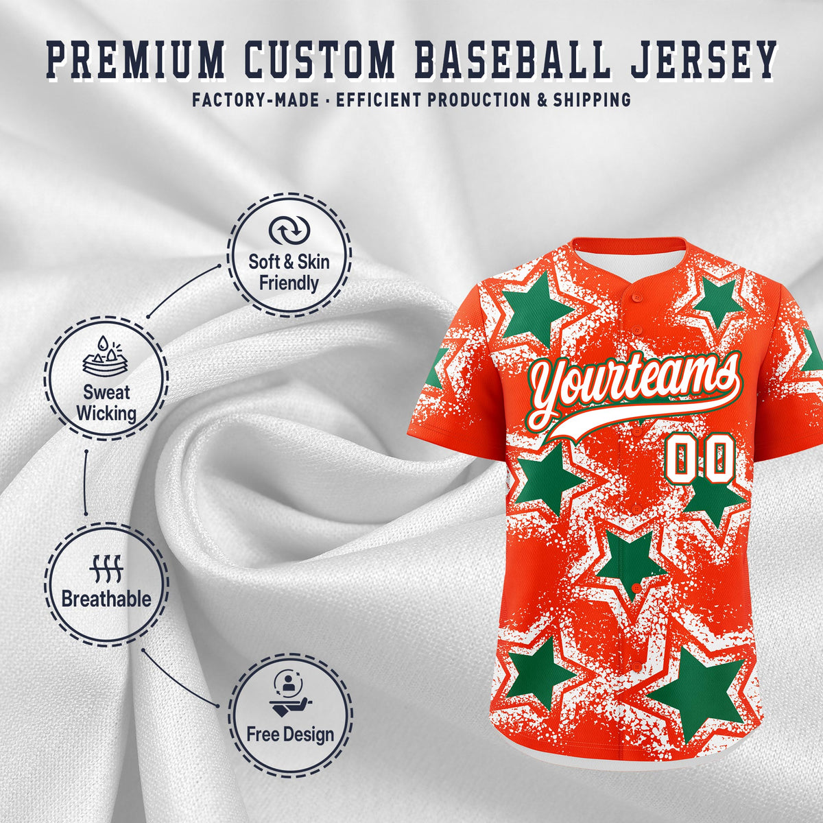 Custom Orange White Kelly Green Star Graffiti Team Baseball Jerseys With Custom Names, Numbers & Logos Lightweight Baseball Jersey| KXKSHOP