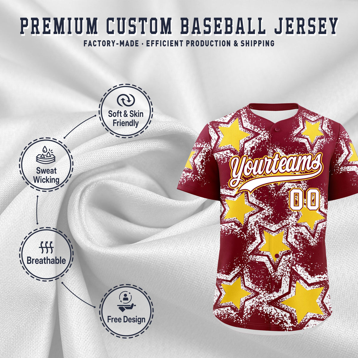 Custom Crimson White Gold Star Graffiti Team Baseball Jerseys With Custom Names, Numbers & Logos Stretch Fabric Baseball Jersey| KXKSHOP