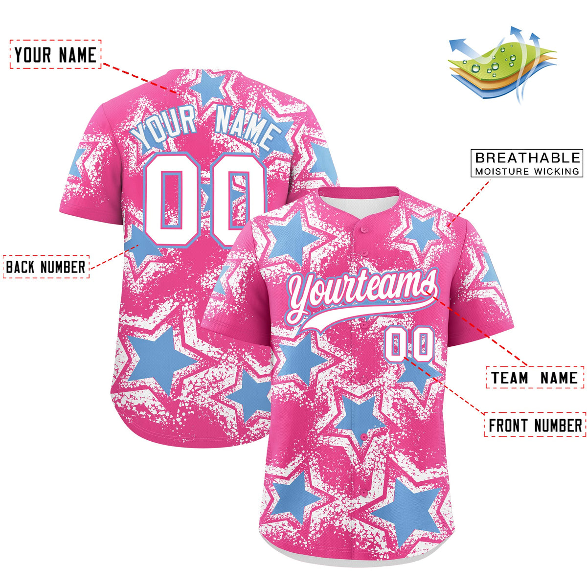 Custom Pink White Light Blue Star Graffiti Team Baseball Jerseys With Custom Names, Numbers & Logos Lightweight Baseball Jersey| KXKSHOP