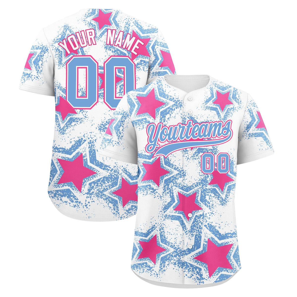 Custom White Light Blue Pink Star Graffiti Team Baseball Jerseys With Custom Names, Numbers & Logos Stretch Fabric Baseball Jersey| KXKSHOP