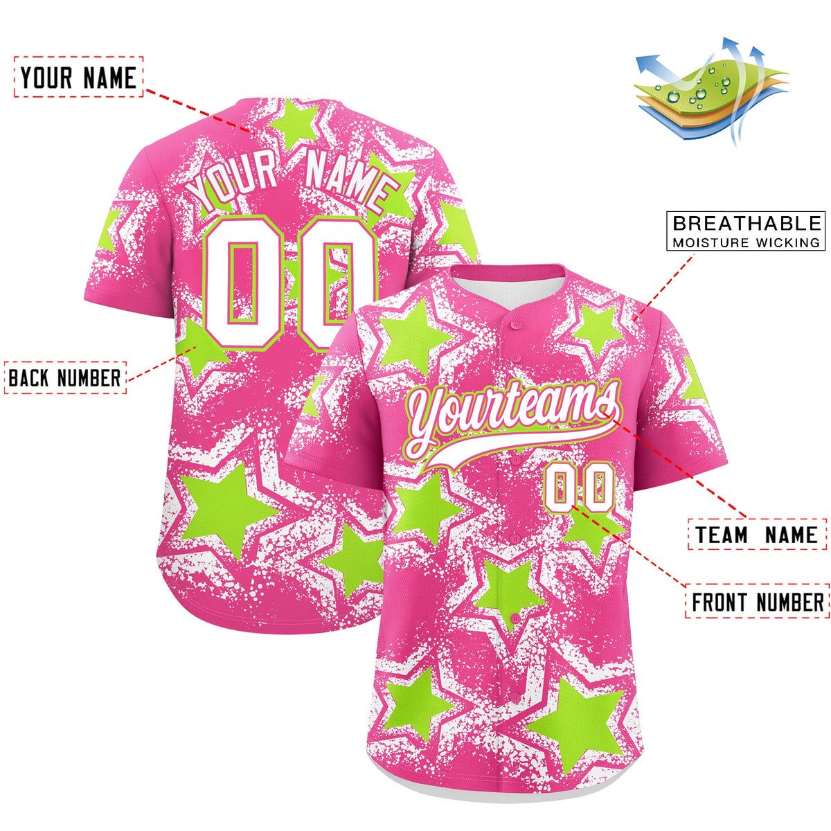 Custom Pink White Neon Green Star Graffiti Team Baseball Jerseys With Custom Names, Numbers & Logos Lightweight Baseball Jersey| KXKSHOP