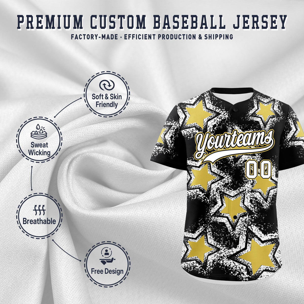 Custom Black White Old Gold Star Graffiti Team Baseball Jerseys With Custom Names, Numbers & Logos Lightweight Baseball Jersey| KXKSHOP