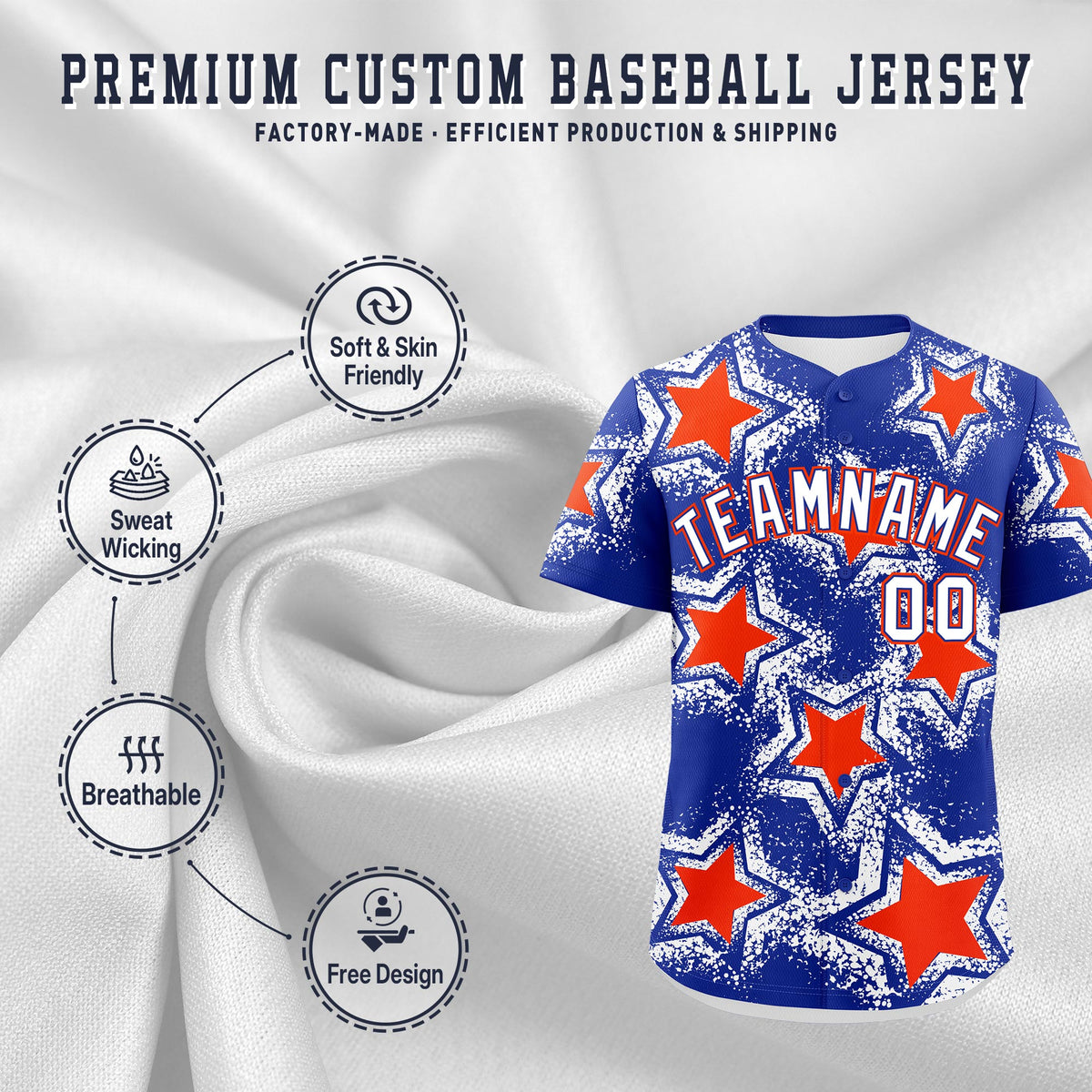 Custom Royal Blue Orange White Star Graffiti Team Baseball Jerseys With Custom Names, Numbers &amp; Logos Stretch Fabric Baseball Jersey| KXKSHOP
