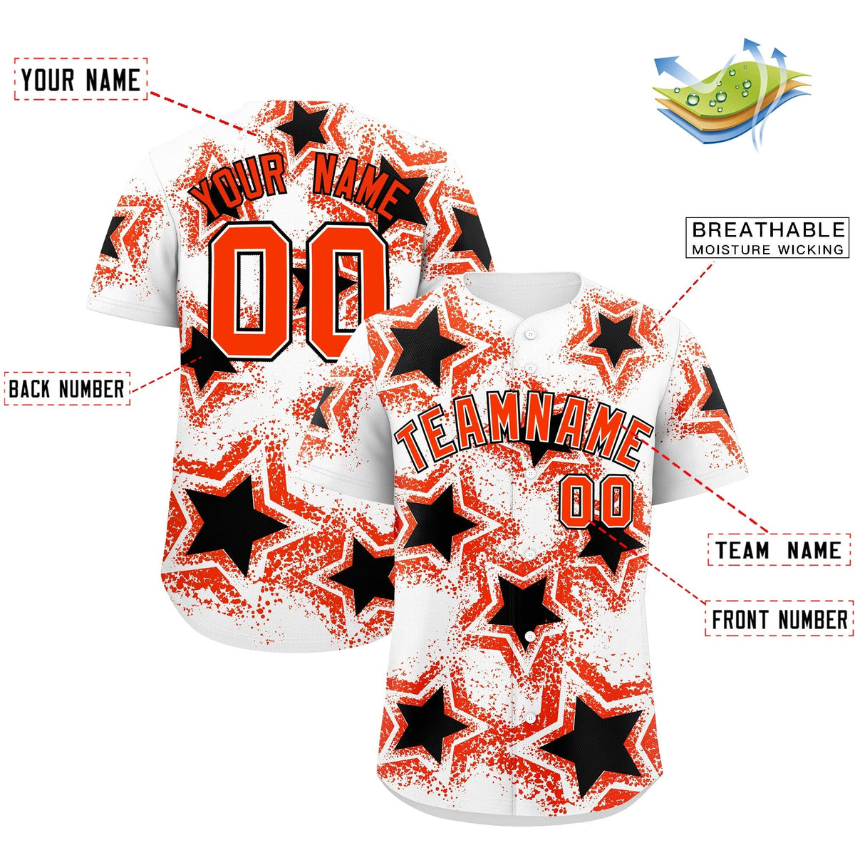 Custom White Black Orange Star Graffiti Team Baseball Jerseys With Custom Names, Numbers & Logos Lightweight Baseball Jersey| KXKSHOP