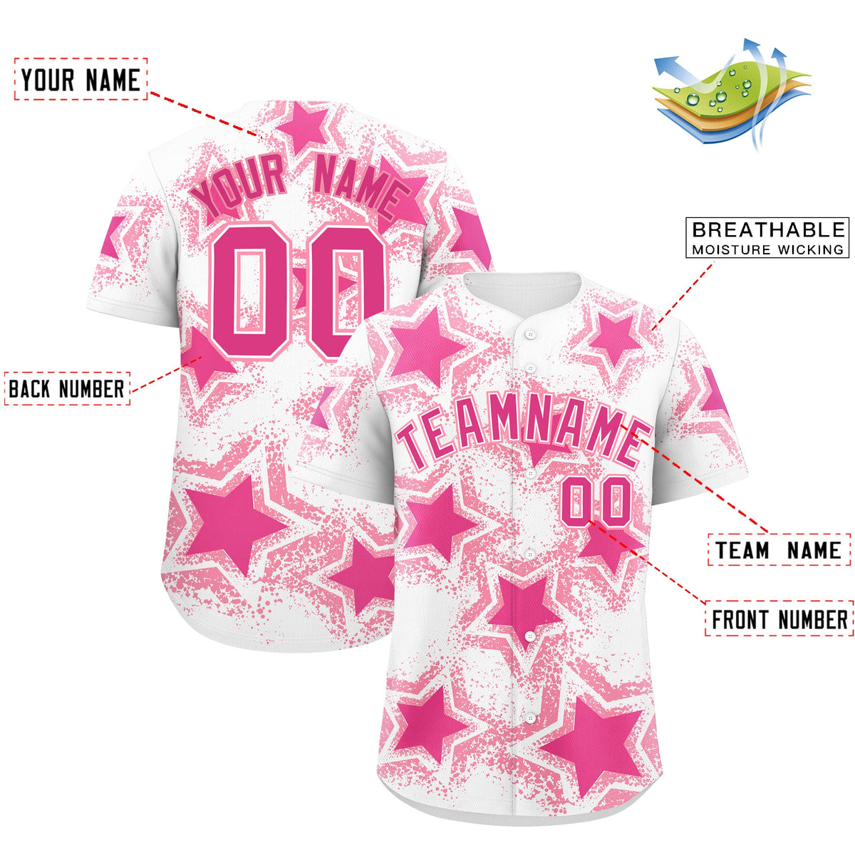 Custom White Pink Light Pink Star Graffiti Team Baseball Jerseys With Custom Names, Numbers &amp; Logos Stretch Fabric Baseball Jersey| KXKSHOP