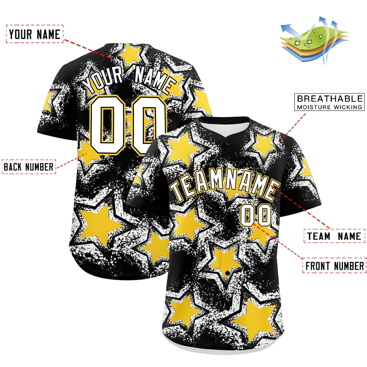 Custom Black Gold White Star Graffiti Team Baseball Jerseys With Custom Names, Numbers & Logos Lightweight Baseball Jersey| KXKSHOP
