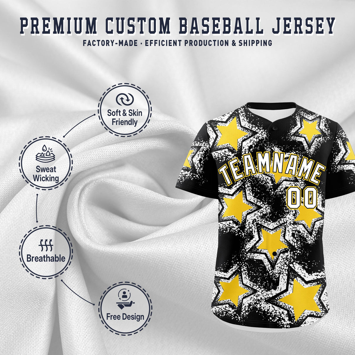 Custom Black Gold White Star Graffiti Team Baseball Jerseys With Custom Names, Numbers & Logos Lightweight Baseball Jersey| KXKSHOP