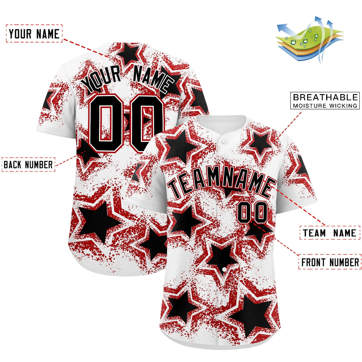 Custom White Black Red Star Graffiti Team Baseball Jerseys With Custom Names, Numbers &amp; Logos Stretch Fabric Baseball Jersey| KXKSHOP