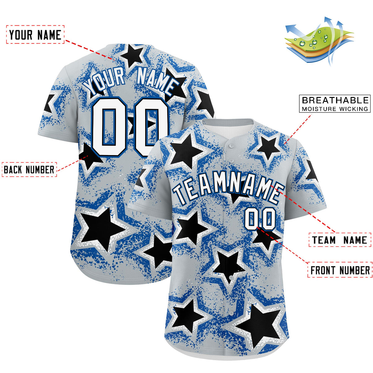 Custom Silver Black Royal Star Graffiti Team Baseball Jerseys With Custom Names, Numbers & Logos Lightweight Baseball Jersey| KXKSHOP
