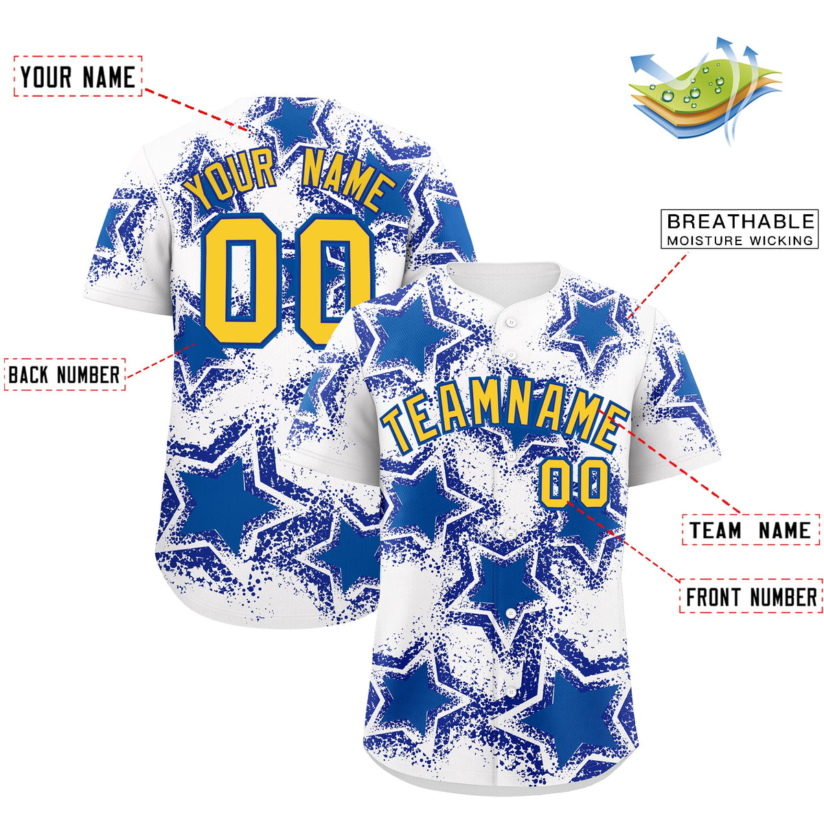 Custom White Royal Blue Royal Star Graffiti Team Baseball Jerseys With Custom Names, Numbers & Logos Stretch Fabric Baseball Jersey| KXKSHOP