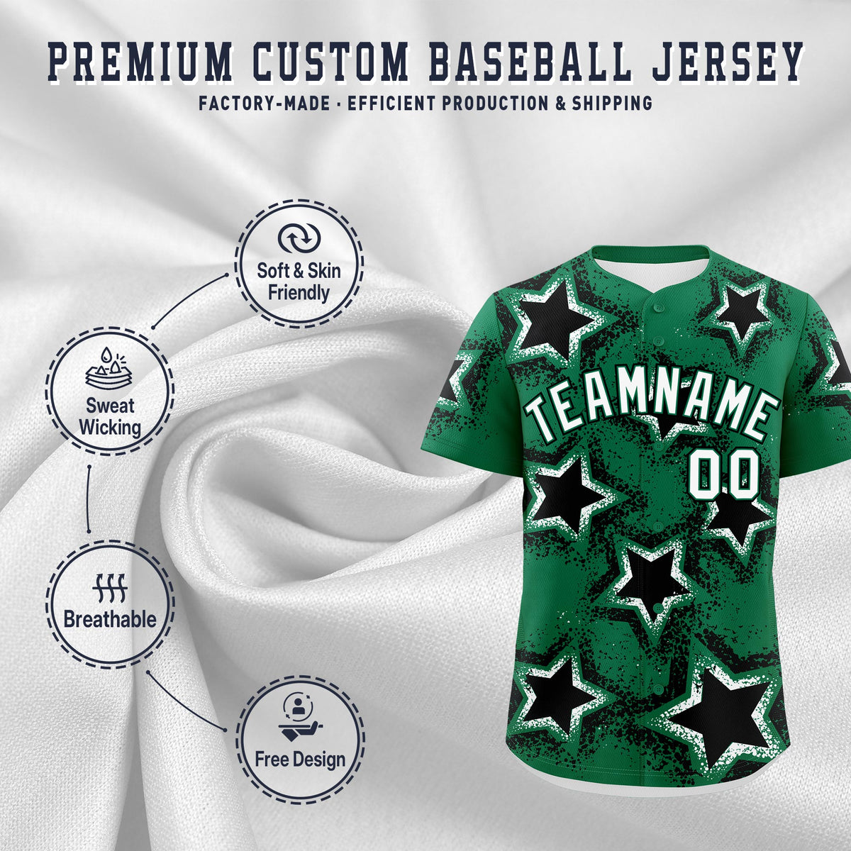 Custom Kelly Green White Black Star Graffiti Team Baseball Jerseys With Custom Names, Numbers &amp; Logos Stretch Fabric Baseball Jersey| KXKSHOP