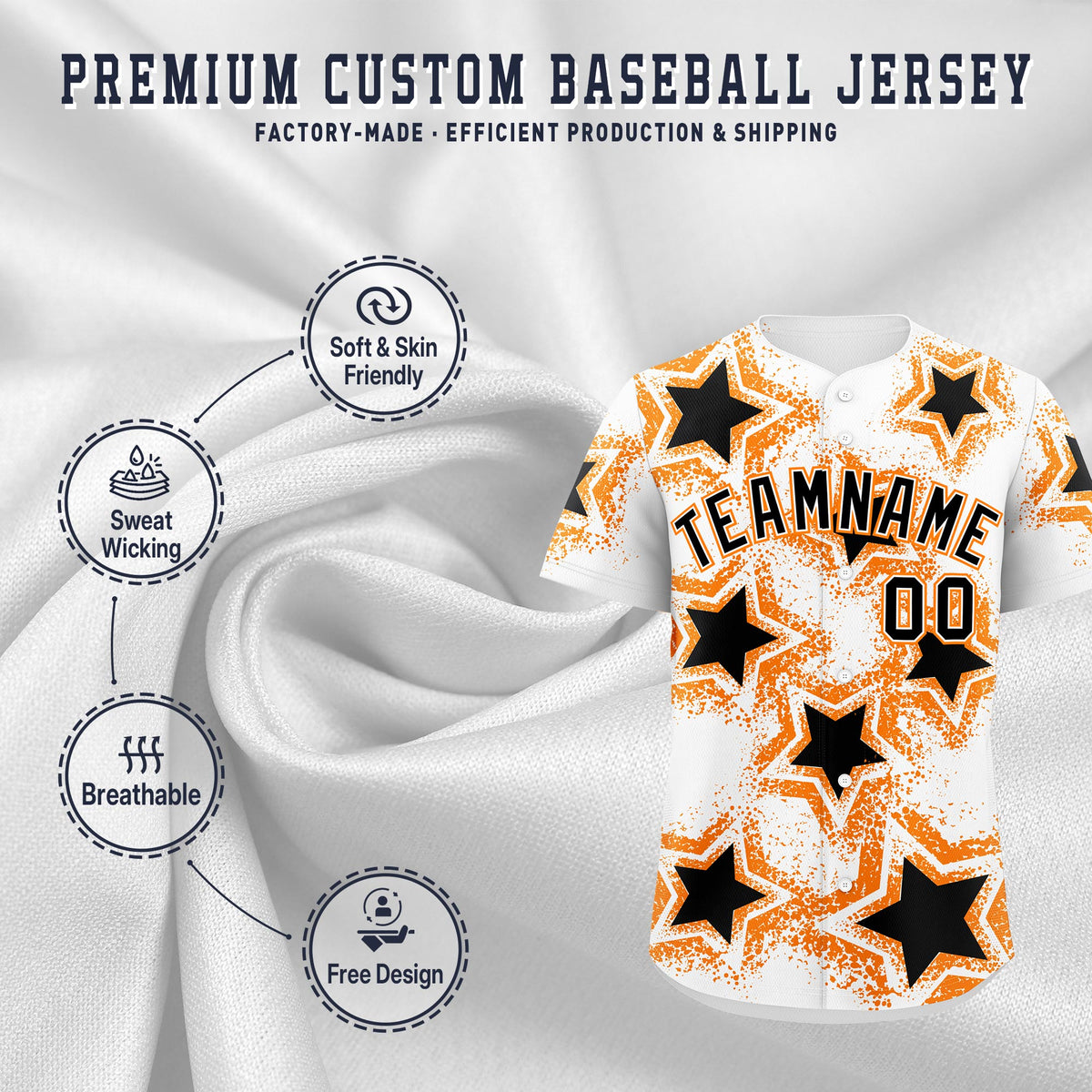 Custom White Orange Black Star Graffiti Team Baseball Jerseys With Custom Names, Numbers & Logos Lightweight Baseball Jersey| KXKSHOP