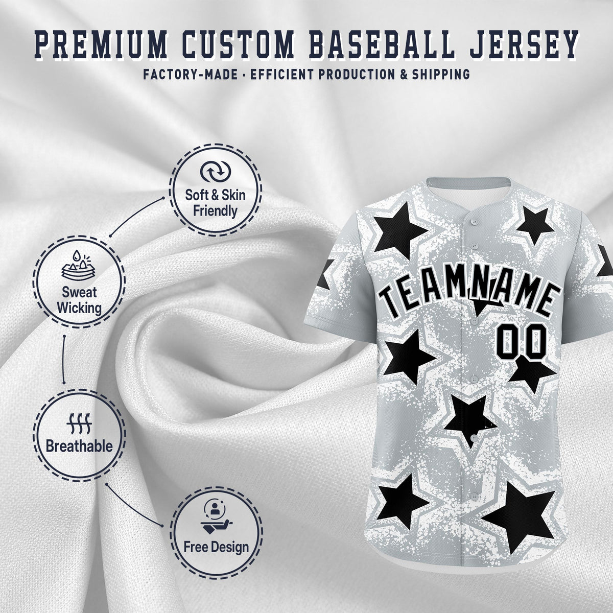 Custom Silver Black White Star Graffiti Team Baseball Jerseys With Custom Names, Numbers & Logos Stretch Fabric Baseball Jersey| KXKSHOP