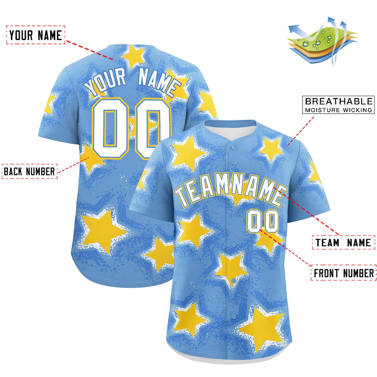 Custom Light Blue Gold White Star Graffiti Team Baseball Jerseys With Custom Names, Numbers &amp; Logos Stretch Fabric Baseball Jersey| KXKSHOP