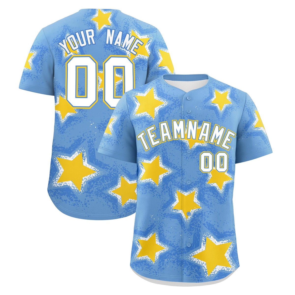 Custom Light Blue Gold White Star Graffiti Team Baseball Jerseys With Custom Names, Numbers & Logos Stretch Fabric Baseball Jersey| KXKSHOP