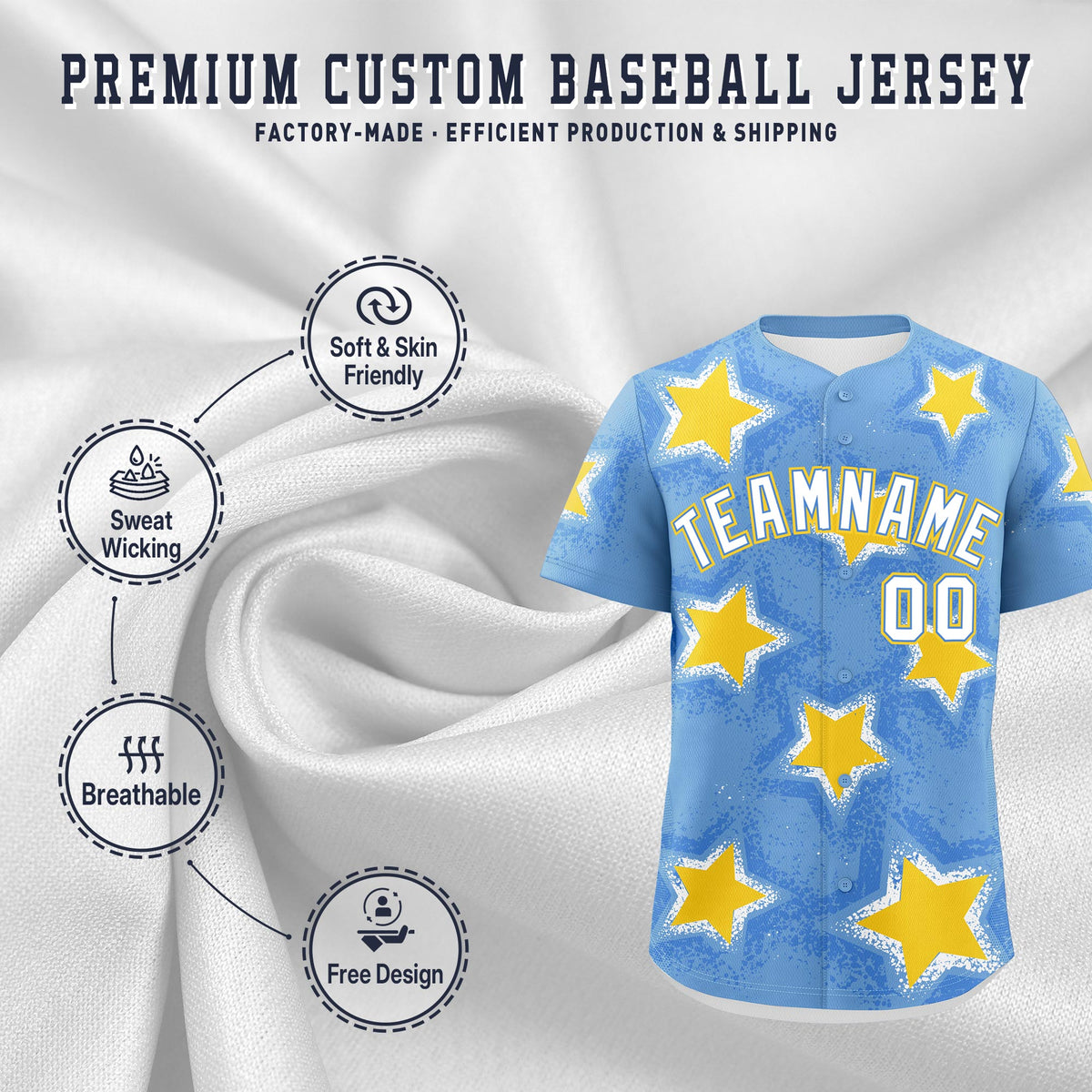Custom Light Blue Gold White Star Graffiti Team Baseball Jerseys With Custom Names, Numbers & Logos Stretch Fabric Baseball Jersey| KXKSHOP