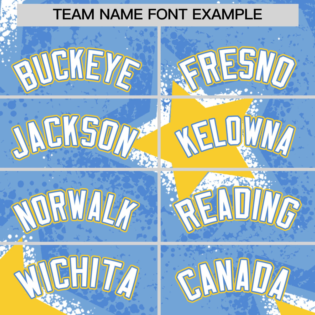 Custom Light Blue Gold White Star Graffiti Team Baseball Jerseys With Custom Names, Numbers &amp; Logos Stretch Fabric Baseball Jersey| KXKSHOP