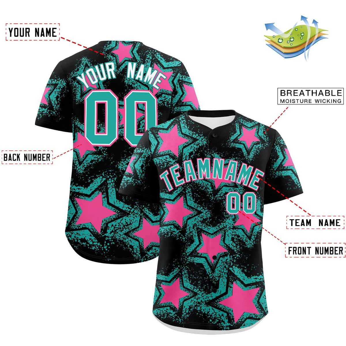 Custom Black Aqua Pink Star Graffiti Team Baseball Jerseys With Custom Names, Numbers &amp; Logos Lightweight Baseball Jersey| KXKSHOP
