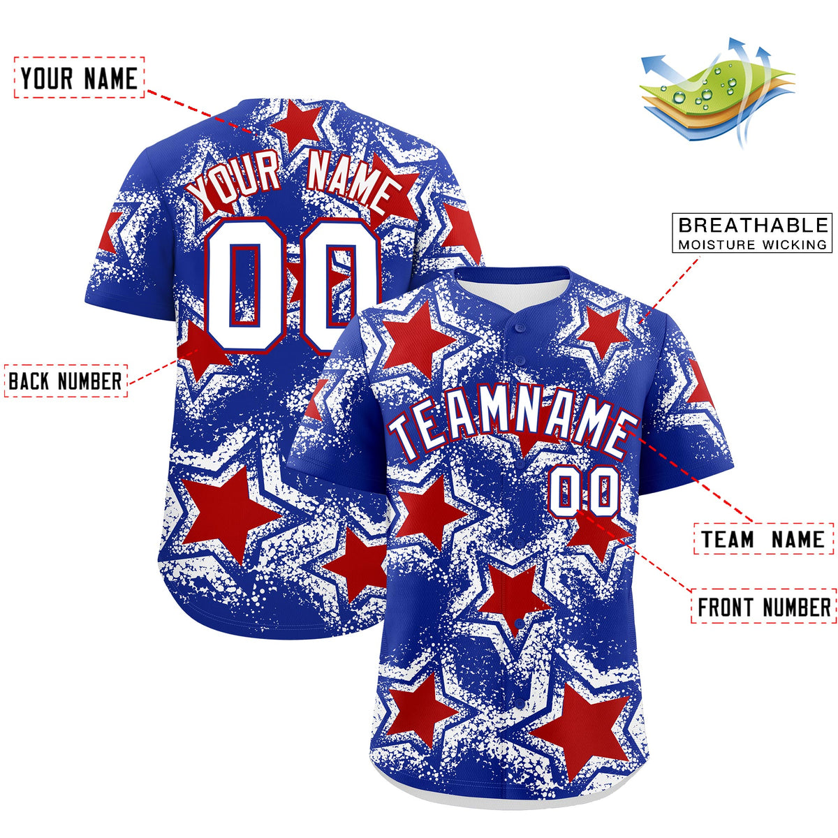 Custom Royal Blue White Red Star Graffiti Team Baseball Jerseys With Custom Names, Numbers & Logos Stretch Fabric Baseball Jersey| KXKSHOP