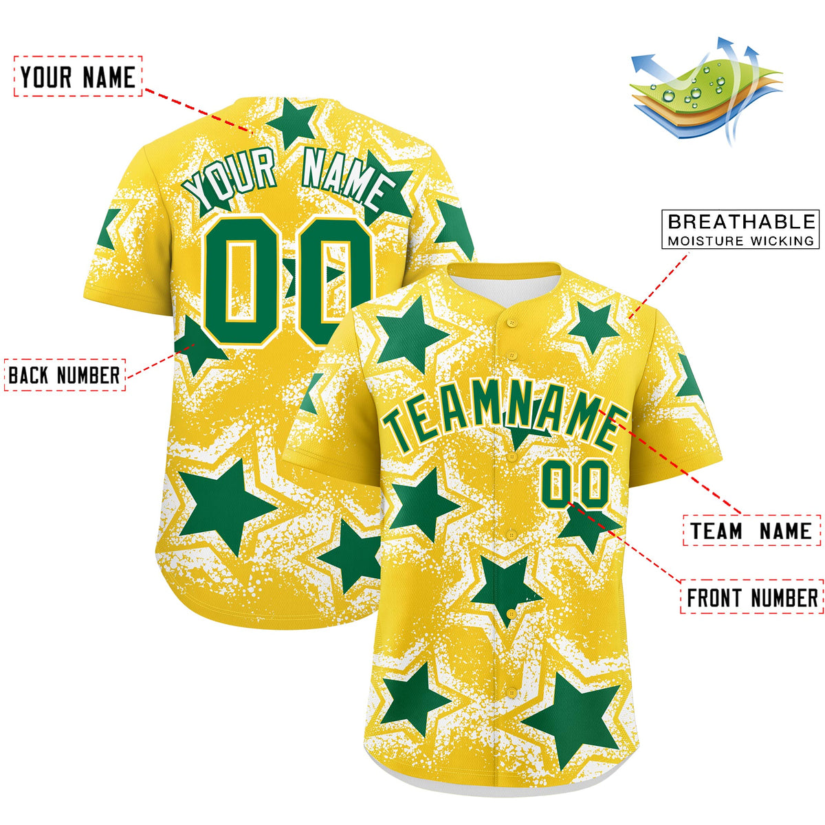Custom Gold White Kelly Green Star Graffiti Team Baseball Jerseys With Custom Names, Numbers & Logos Lightweight Baseball Jersey| KXKSHOP